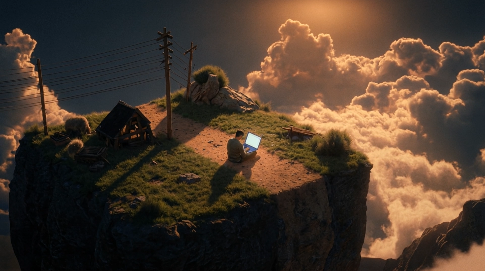 Person using a laptop above the clouds