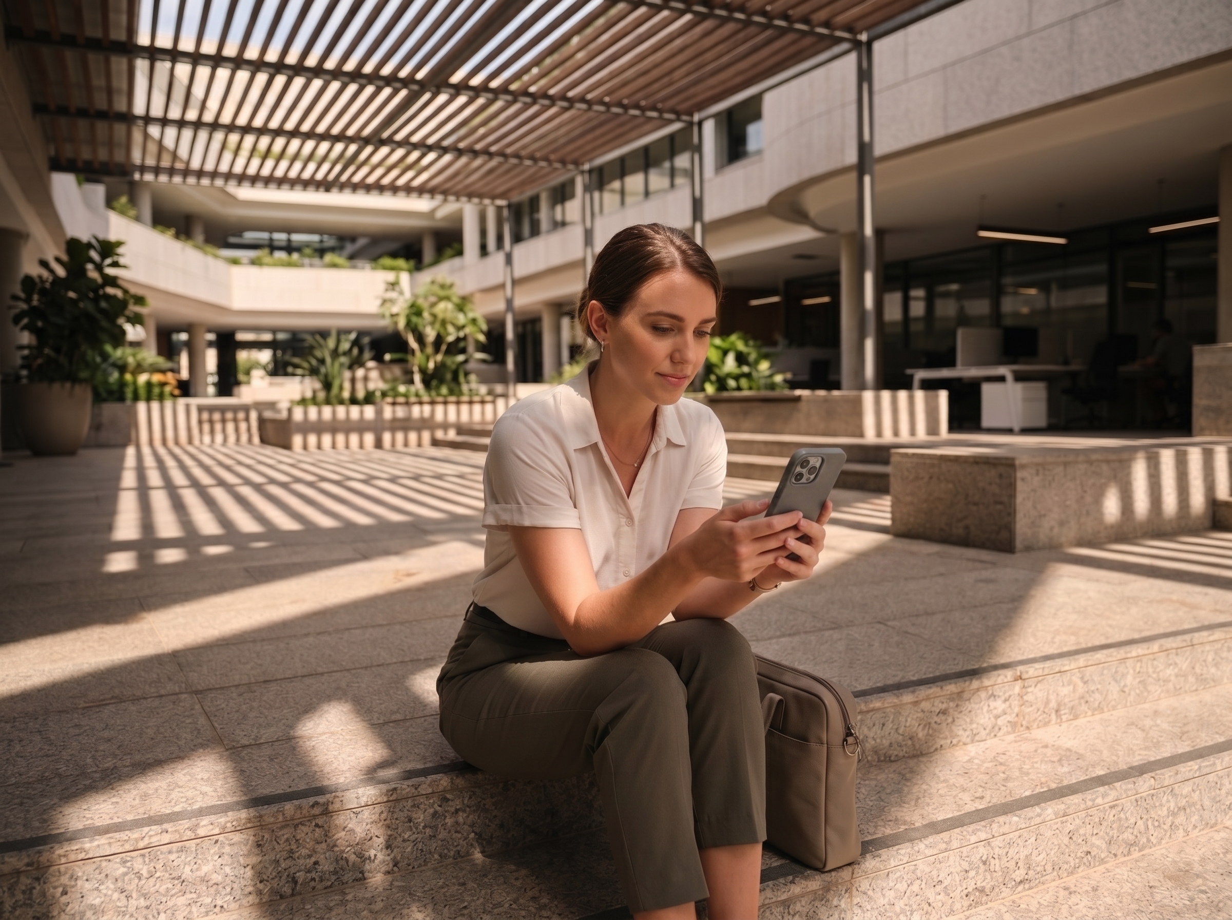 Candidate checking her phone outside an office building